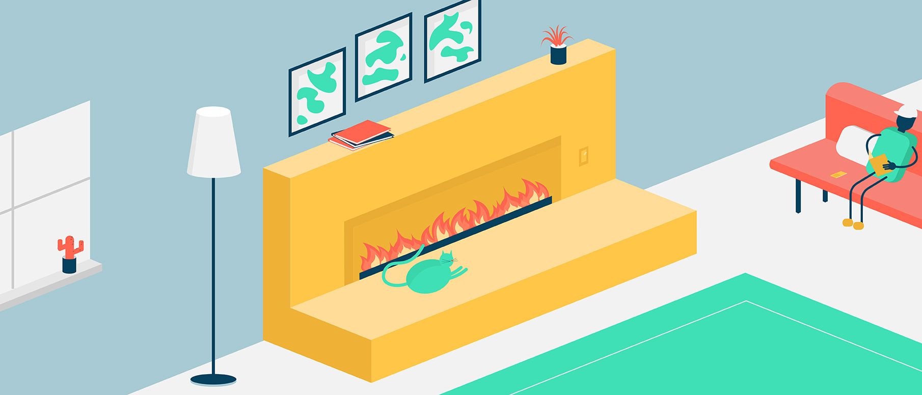 fireplace in room with man and cat graphic